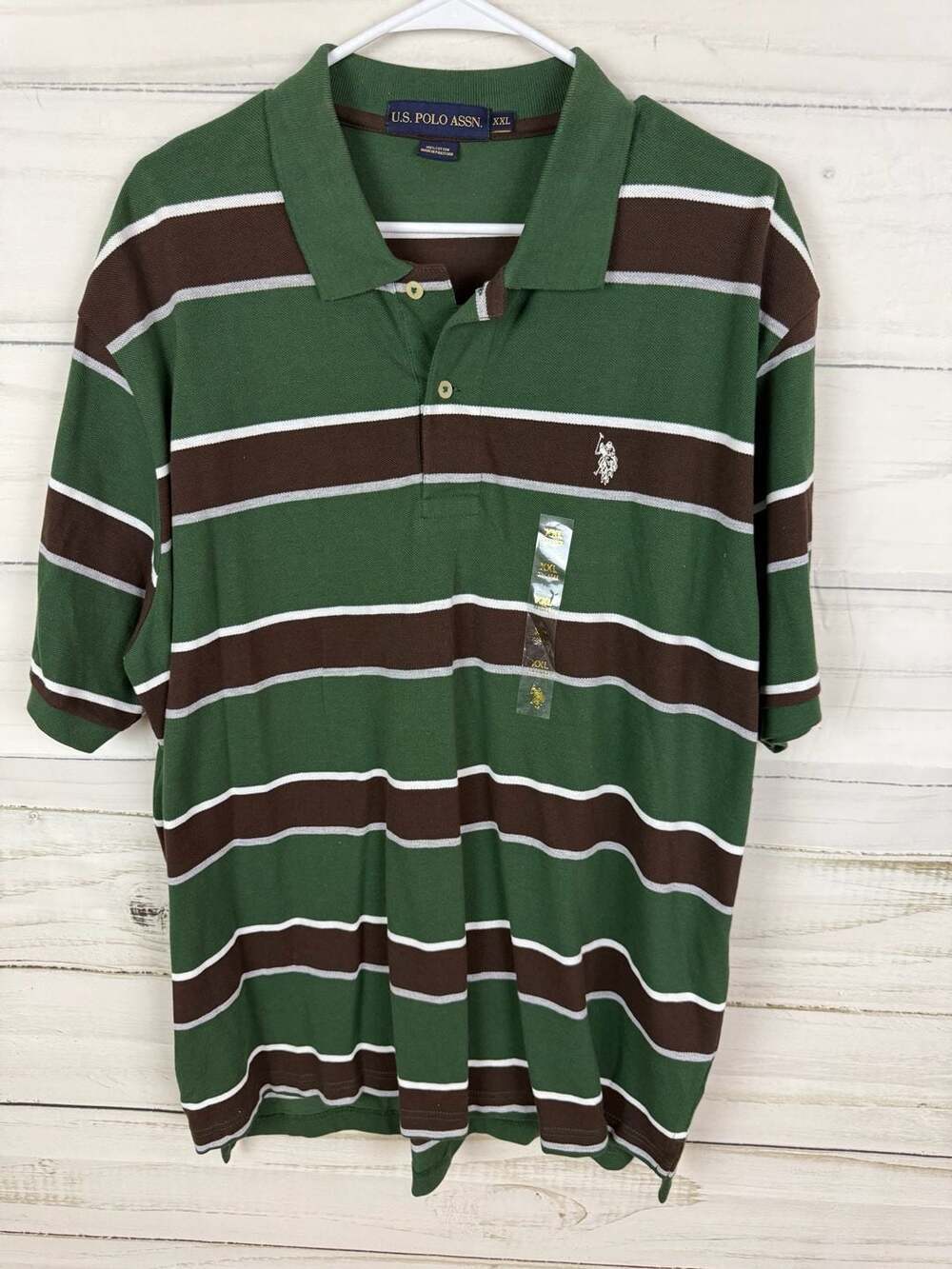 New U.S. Polo Assn. Men's XXL Striped Polo Shirt Green Brown White Pique
